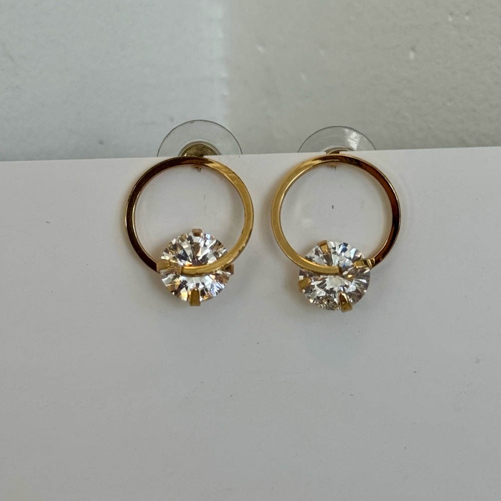 Gold-Tone Circle Stud Earrings with Clear Crystal Accent